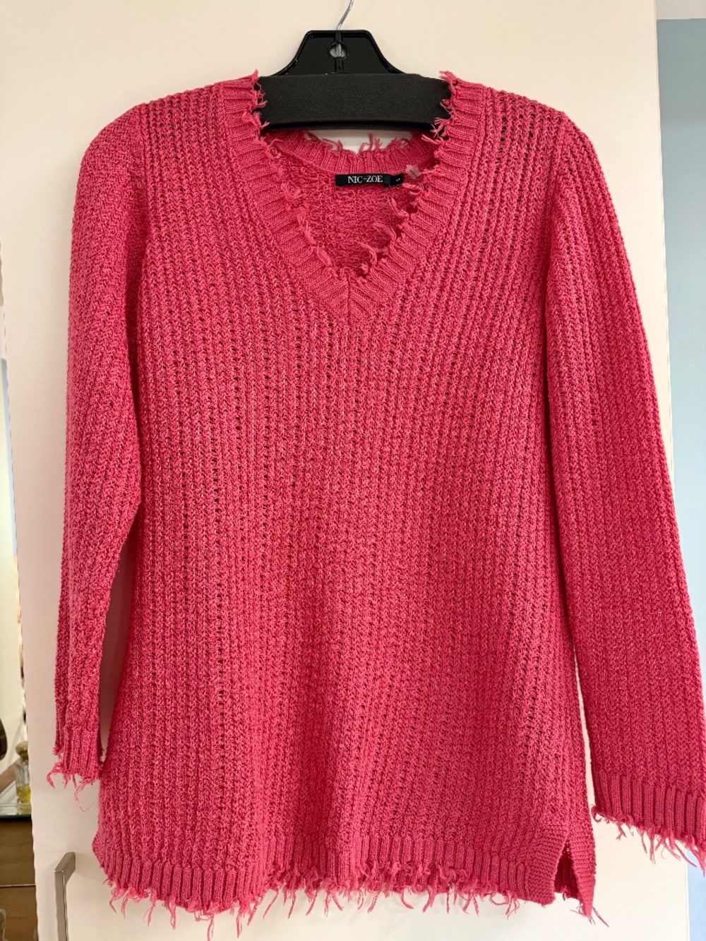 NIC+ZOE Pink Fringe Trim Ribbed Knit V-Neck Sweater Small